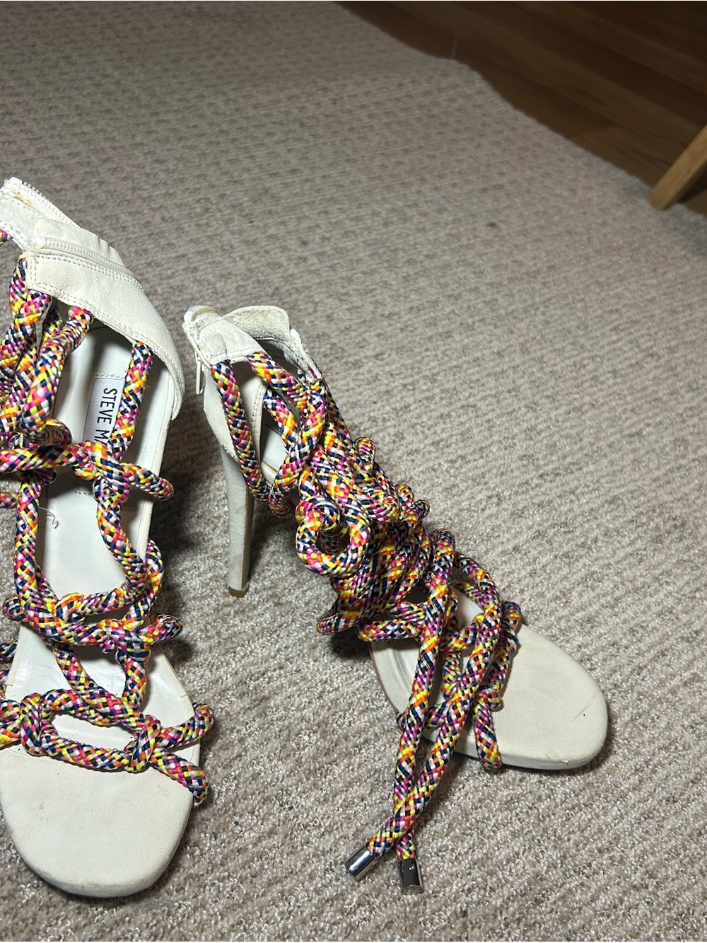 Steve Madden White Open-Toe Heels with Multicolor Braided Laces